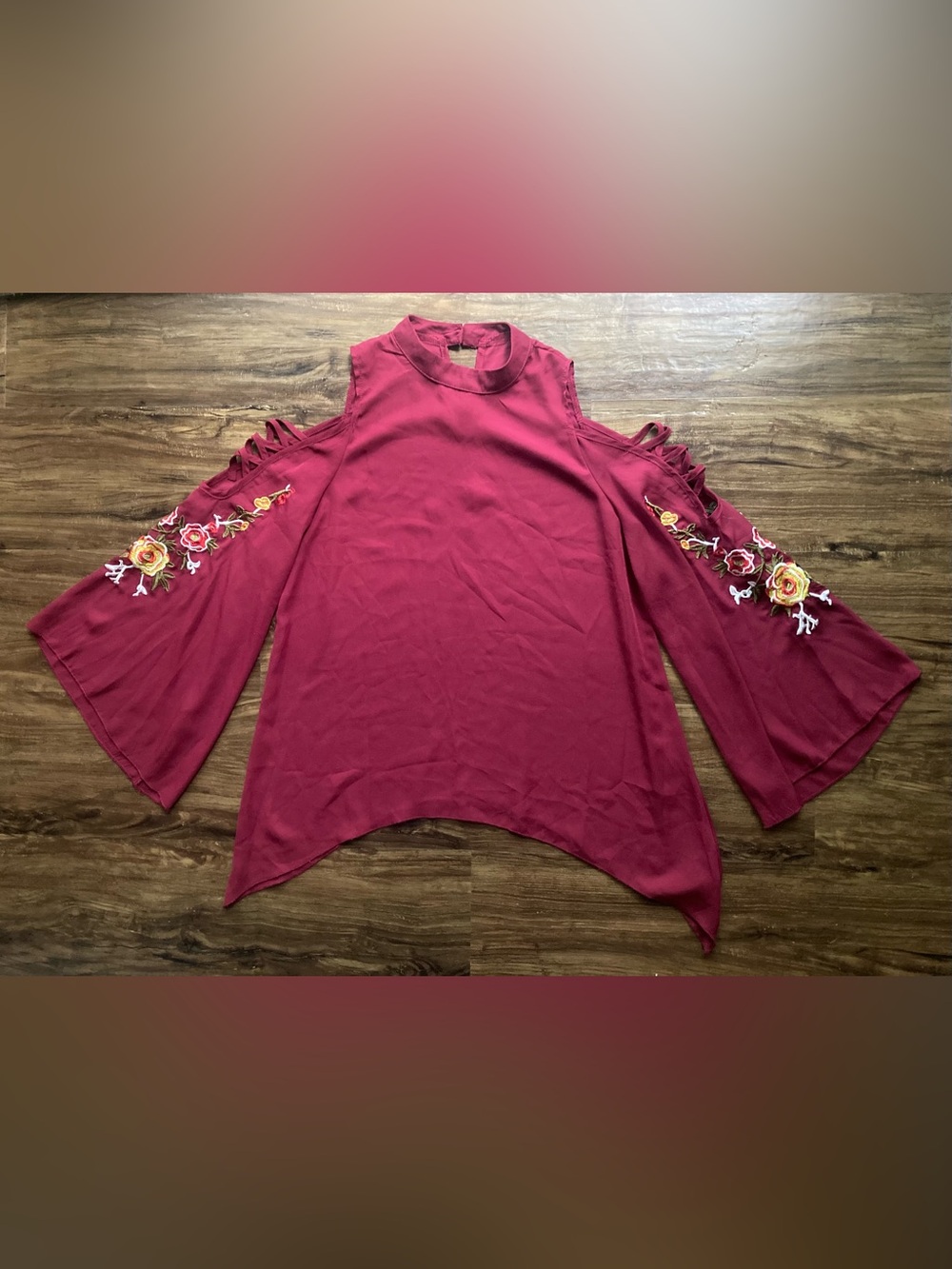 Cold-Shoulder Floral Embroidered Women's Top in Burgundy Women’s Small
